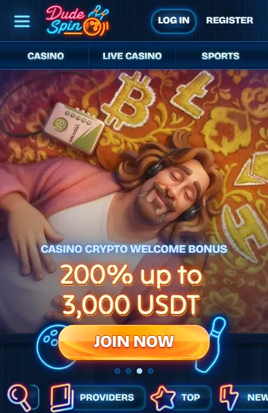 Casino DudeSpin na telefonie – ekran mobilny z banerem i lobby